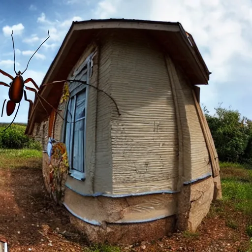 Image similar to a photo of a giant ant on an house, wide angle