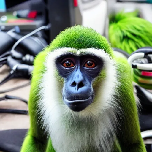 Image similar to a photo of a green monkey wearing headphones