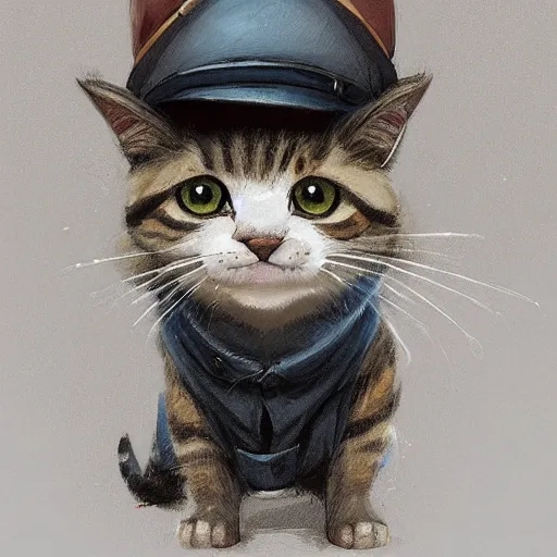 Image similar to a train conductor tabby cat, wearing a train conductor hat. By Makoto Shinkai, Stanley Artgerm Lau, WLOP, Rossdraws, James Jean, Andrei Riabovitchev, Marc Simonetti, krenz cushart, Sakimichan, trending on ArtStation, digital art.