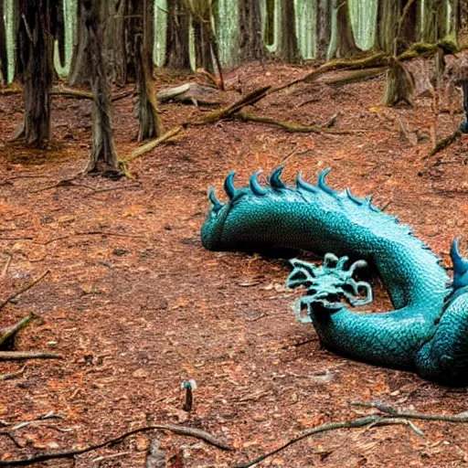 Prompt: dragon out of a pool of oil, photograph taken in a dark forest