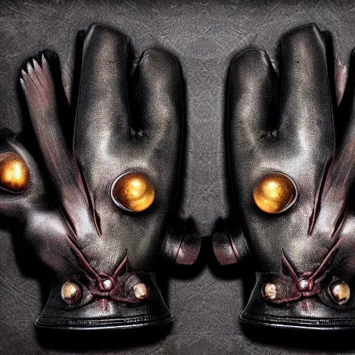 Image similar to gloves with claws, old leather gloves with attached talons, dark background, highly detailed, 8 k, trending on artstation, mystic, rpg artwork, by peter jackson, by sauron