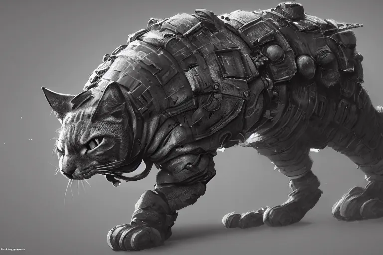 Prompt: armored cat by jean - baptiste monge, high quality, high resolution, 4 k, painted by cgsociety, rutkowski, gurney with ambient lighting, concept art, detailed, smooth, dynamic volumetric cinematic lighting, octane, raytrace