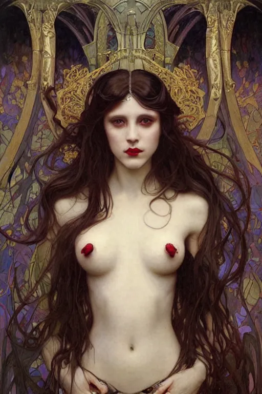 Image similar to masterpiece painting of beautiful vampire girl by donato giancola, darius zawadzki and tom bagshaw, face by artgerm and edmund leighton, alphonse mucha, background by james jean and h. r. giger, 8 k, biomechanical horror, majestic, volumetric lighting, porcelain skin, french nouveau, trending on pixiv