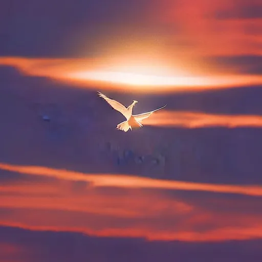 Image similar to Realistic shot of a radiant glowing dove flying over the clouds at sunset, ethereal, vintage photograph, film grain, surreal, awe-inspiring, highly detailed