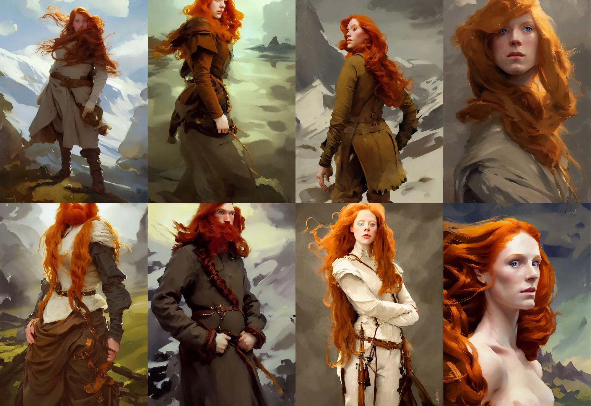 Image similar to portrait of ireland norway long ginger hair model girl jodhpurs hyperborea winter traveler treasure hunter greg manchess painting by sargent and leyendecker, fantasy, medium shot, asymmetrical, intricate, elegant, matte painting, illustration, hearthstone, by rhads, by greg rutkowski, by greg tocchini, by james gilleard, by joe fenton