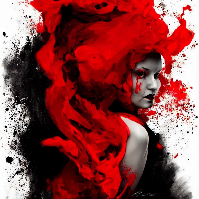 Prompt: a digital painting of a woman in red and black, an ultrafine detailed painting by alberto seveso, featured on deviantart, modern european ink painting, biomorphic, behance hd, lovecraftian