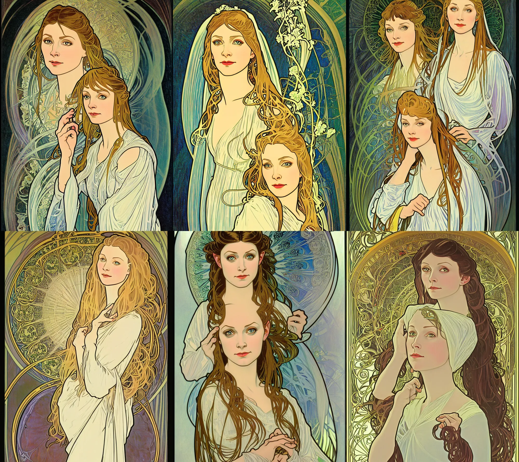 Prompt: Portrait of Galadriel painted in the style of Alphonse Mucha