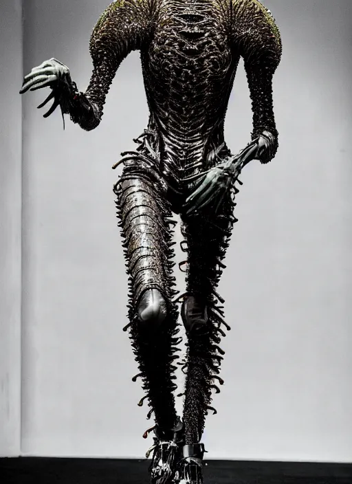 Prompt: walking down the catwalk, steven klein, show, stage, vogue photo, podium, fashion show photo, iris van herpen, beautiful woman, full body shot, helmet on face, masterpiece, plant predator, guyver, jellyfish, biomechanical details, movie still, fauvism, cinestill, bokeh, gelios lens