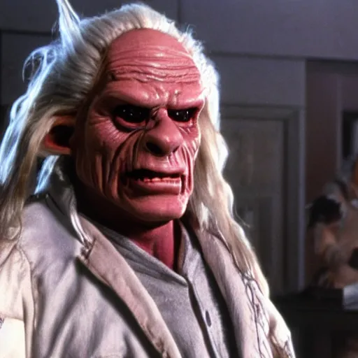 Image similar to an 8 k uhd digital photo of doc from back to the future as an orc from lord of the rings movies. dynamic