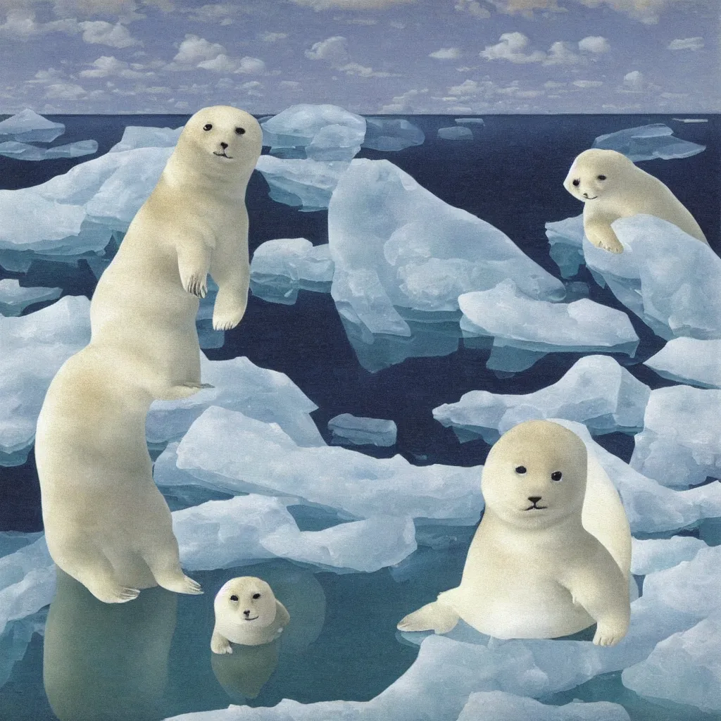 Image similar to a baby harp seal, painting by rene magritte, glaciers and ice and snow