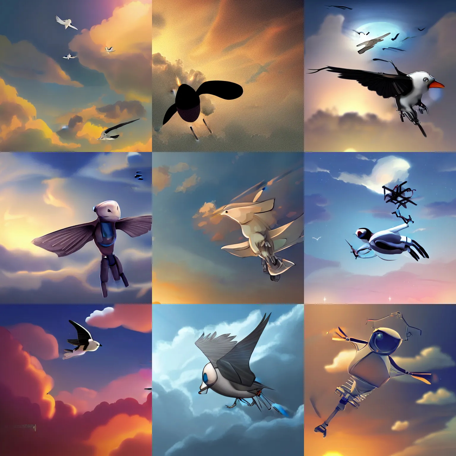 Image similar to a robot house martin flying in the sky, sunset, mechanical cute bird, fluffy clouds, beautiful digital art, pixiv