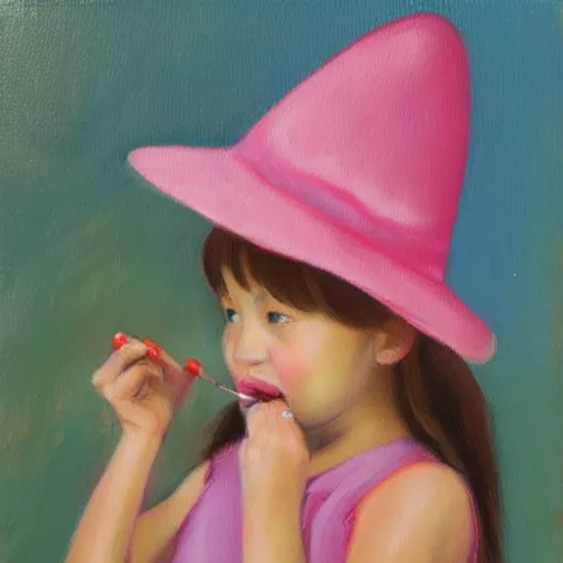 Prompt: A cute girl blowing gum in her mouth, wearing a pink hat, oil painting