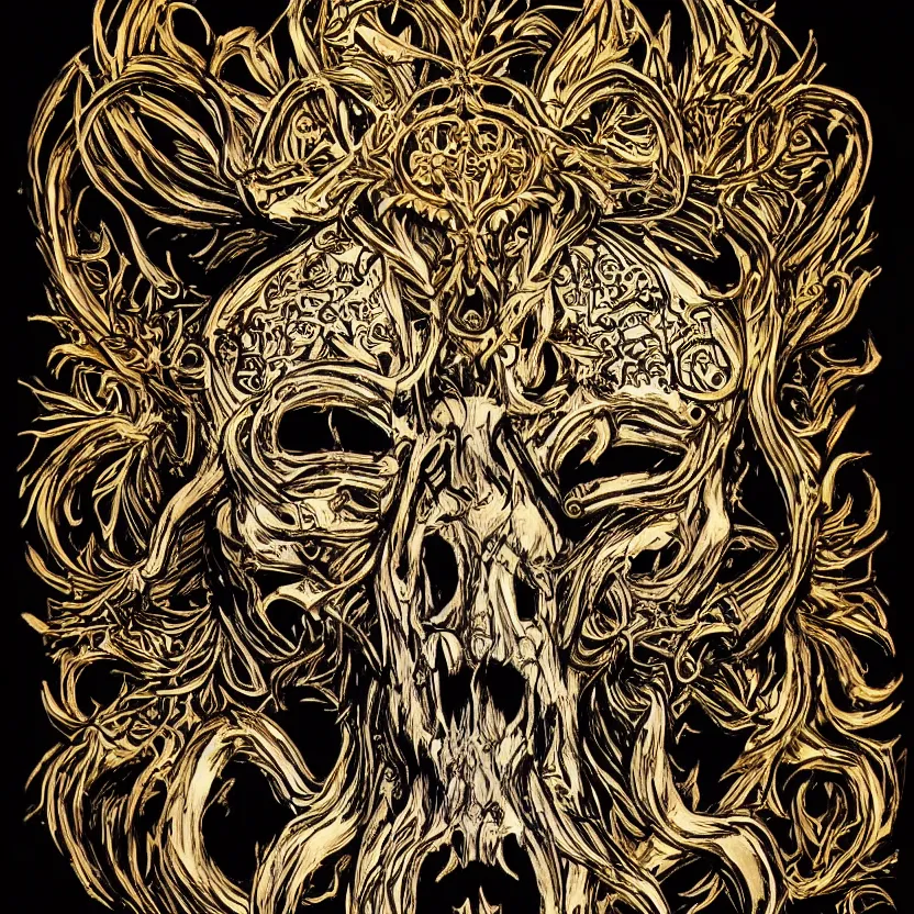 Image similar to photo of wolf skull on bones, dramatic lighting, circural, golden ornaments, symmetric, intricate skeletal decorations, symmetry, highly detailed, concept art, black, glimpse of red, white, gold layers, centered, style of nekroxiii, hyperrealistic, black background, smoke