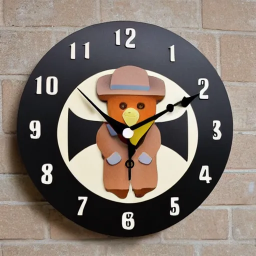 Prompt: a wall clock designed by Paddington bear