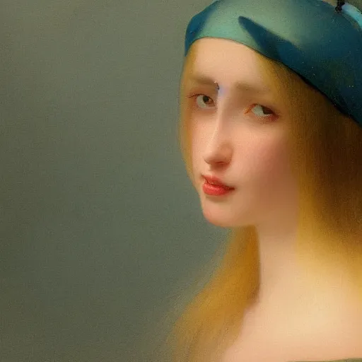 Prompt: a young woman's face, her hair is gold and she wears an cobalt blue satin cloak, by ivan aivazovsky and syd mead and moebius and gaston bussiere and roger dean and pieter claesz and paul delaroche and alma tadema and aelbert cuyp and willem claesz, hyperrealistic, volumetric light, octane render