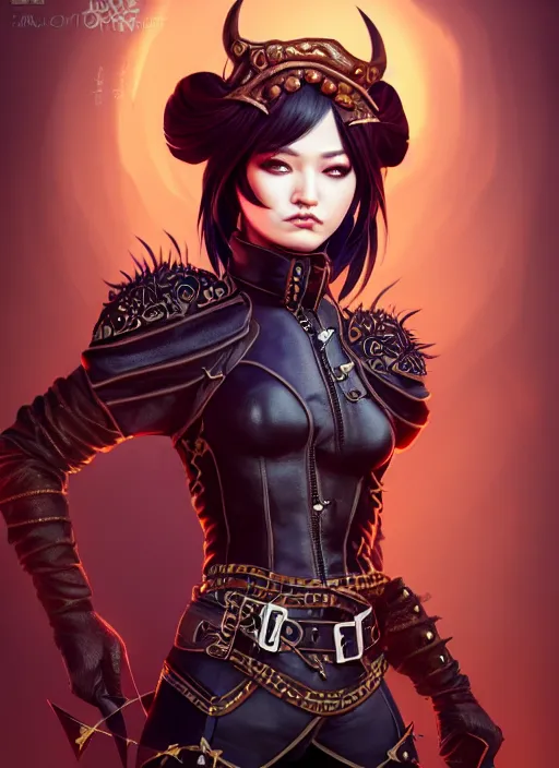 Image similar to rogue, fantasy ornate leather bandit outfit!!! beautiful and athletic short hair female!! gorgeous face and eyes!! character concept art, sharp focus, octane render! unreal engine 5! highly rendered!! trending on artstation!! detailed linework!! illustration by artgerm, wlop, and chie yoshii