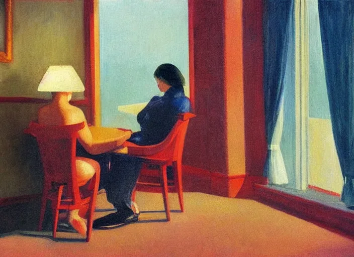 Image similar to two people in a hotel room in afternoon light, oil painting by edward hopper