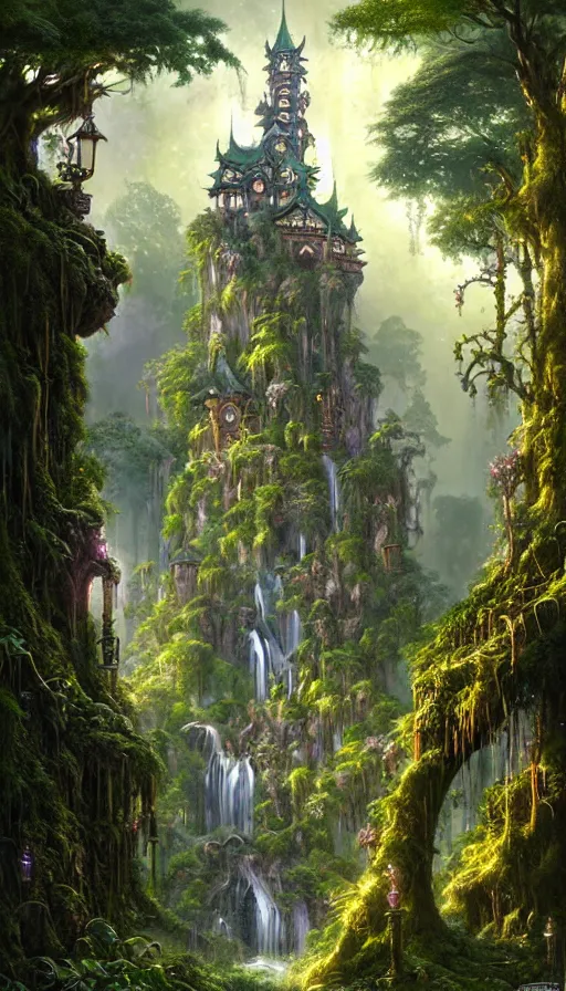 Image similar to fairy palace, castle towers, sunbeams, gothic towers, Japanese shrine waterfall, gold and gems, gnarly details, lush vegetation, forest landscape, painted by tom bagshaw, raphael lacoste, eddie mendoza, alex ross concept art matte painting