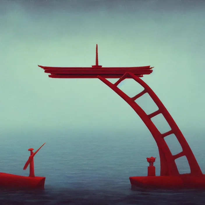 Image similar to a beautiful painting of a torii at sea by simon stalenhag and zdzisław beksinski and rene magritte and greg rutkowski, in style of digital art. hyper detailed, sharp focus, soft light. unreal engine 5. ray tracing. trending on artstation