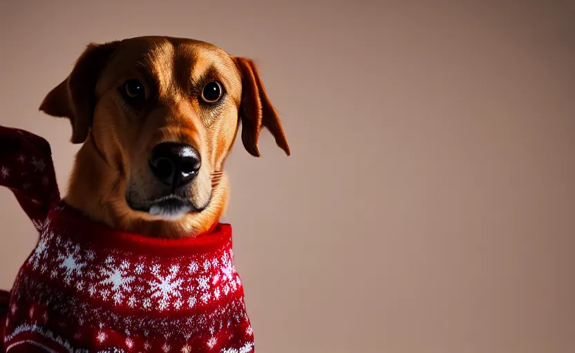 Prompt: studio photography of a dog wearing a woolen christmas sweater, detailed face, cinematic lighting, 8 k