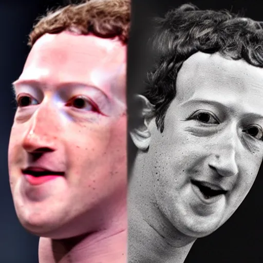 Image similar to mark zuckerberg pealing off his skin with him own hands to reveal the horrid thing underneath, as remembered in a dream