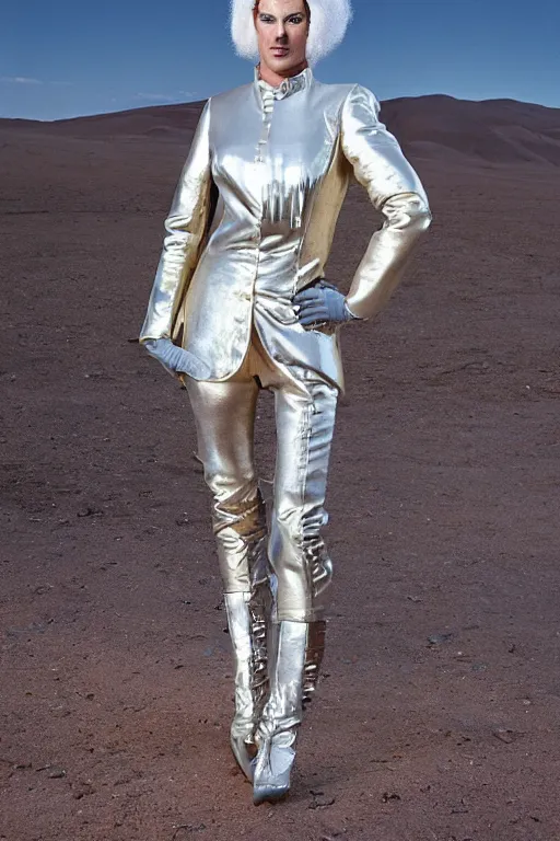 Image similar to portrait davis taylor brown dressed in 1 9 8 1 space fantasy fashion, avante garde, shiny metal, standing in a desert