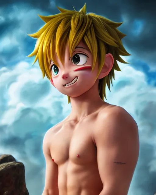Prompt: an epic comic book style full body portrait painting of shirtless Meliodas bubble head, elegant, character design by Mark Ryden and Pixar and Hayao Miyazaki, unreal 5, DAZ, hyperrealistic, octane render, cosplay, RPG portrait, dynamic lighting, intricate detail, summer vibrancy, cinematic