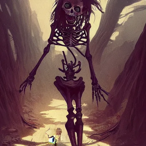 Image similar to skeleton girl, horror, grunge, loony toons style, illustrated by Greg Rutkowski and Caspar David Friedrich., Trending on artstation, artstationHD, artstationHQ, 4k, 8k