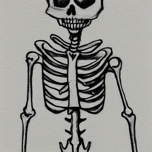 Image similar to funny skeleton, kid's drawing, colour pencil drawing