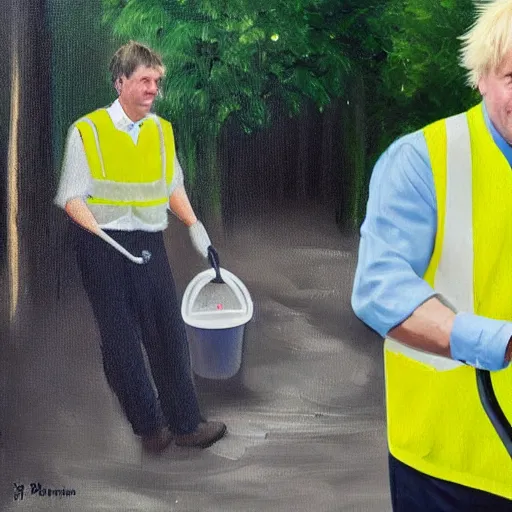 Prompt: An oil painting of Boris Johnson doing community service in a high vis vest, he is picking litter on a British street