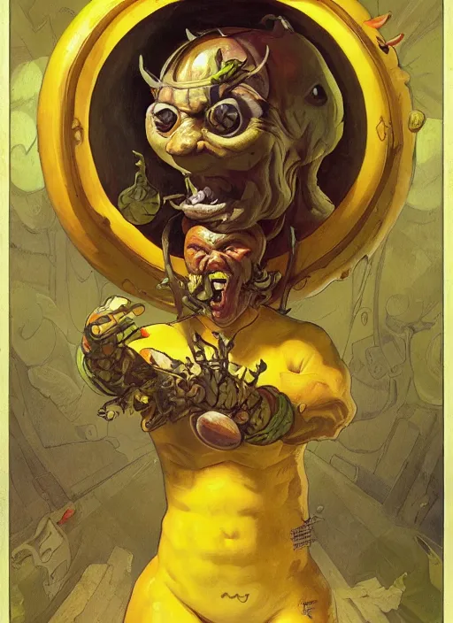 Image similar to renaissance grotesque full body portrait painting of angry crossfit lemon with a face in a lemon themed spaceship going to a lemon portal, superior, character redesign by lee bermejo and greg rutkowski and alphonse mucha