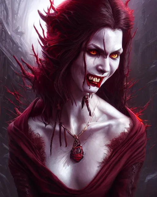 Prompt: vicious vampite, highly detailed, d & d, fantasy, highly detailed, digital painting, trending on artstation, concept art, sharp focus, illustration, global illumination, shaded, art by artgerm and greg rutkowski and fuji choko and viktoria gavrilenko and hoang lap