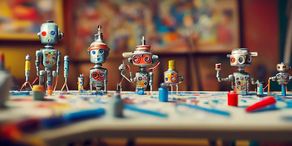 Image similar to closeup portrait of tin toy retro robots painters mixing gouache on white paper table in an artist workshop, depth of field, zeiss lens, detailed, centered, fashion photoshoot, by nicoletta ceccoli, mark ryden, lostfish, breathtaking, 8 k resolution, extremely detailed, beautiful, establishing shot, artistic, hyperrealistic, octane render