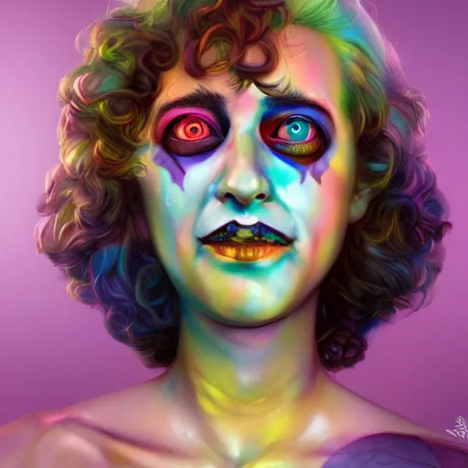 Image similar to hyperdetailed portrait of kristen schaal as delirium of the endless, colourful make up, the sandman, made by caravaggio stanley artgerm lau wlop rossdraws artstation cgsociety concept art cgsociety octane render