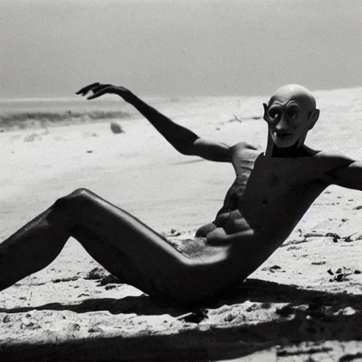 Prompt: nosferatu tanning out in the sun on the beach, photograph
