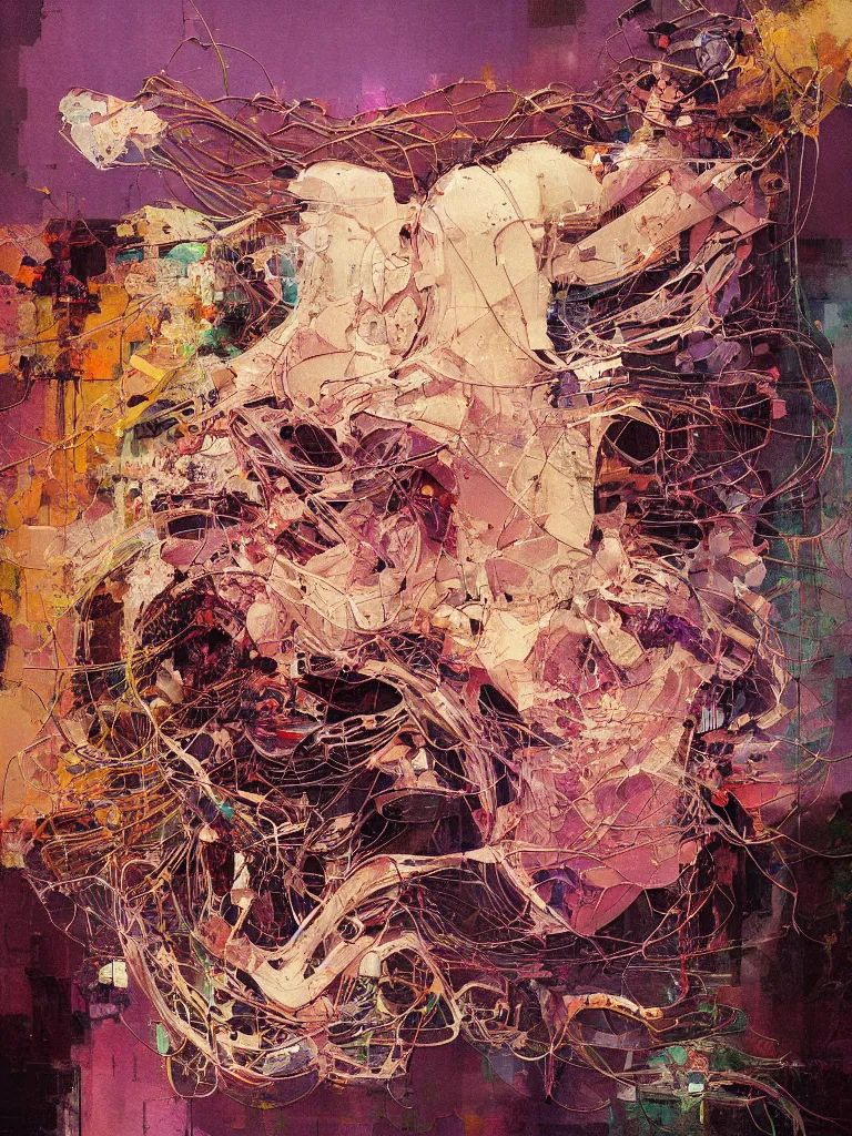 Prompt: a beautiful glitched painting by robert proch of an anatomy study of the human nervous system on colored square shapes by atelier olschinsky, color bleeding, pixel sorting, copper oxide and rust materials, brushstrokes by jeremy mann, cold top lighting, pastel purple background