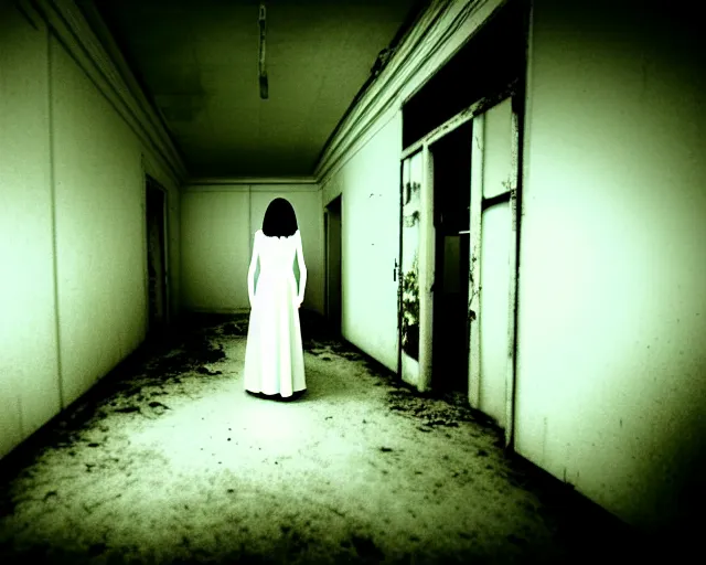Image similar to creepy woman wearing white dress standing in the backrooms, psychological horror, the eerie forlorn atmosphere of a place that's usually bustling with people but is now abandoned and quiet, buzzing fluorescent lights above the ceiling, unsettling images, liminal space, dark