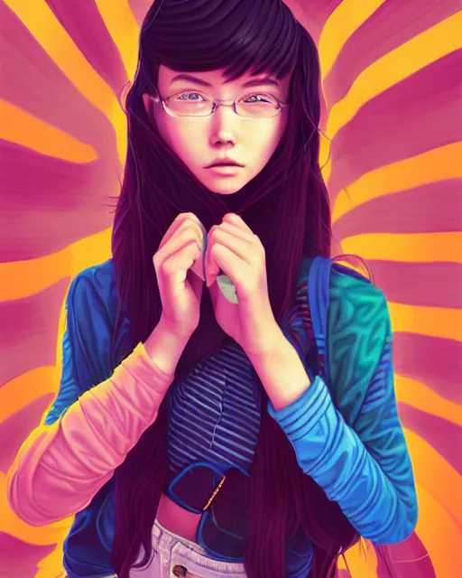 Prompt: richly detailed color illustration of a young truant female loner prep highschool student surrounded by beautiful penstriping large format image illustrated by artgerm and mina petrovic and timothy kong and marina federovna 3 d shadowing.