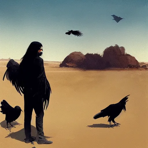 Prompt: Man with long black hair is followed by crows in the desert | front view man | crows in the background | painting by Greg Rutkowski