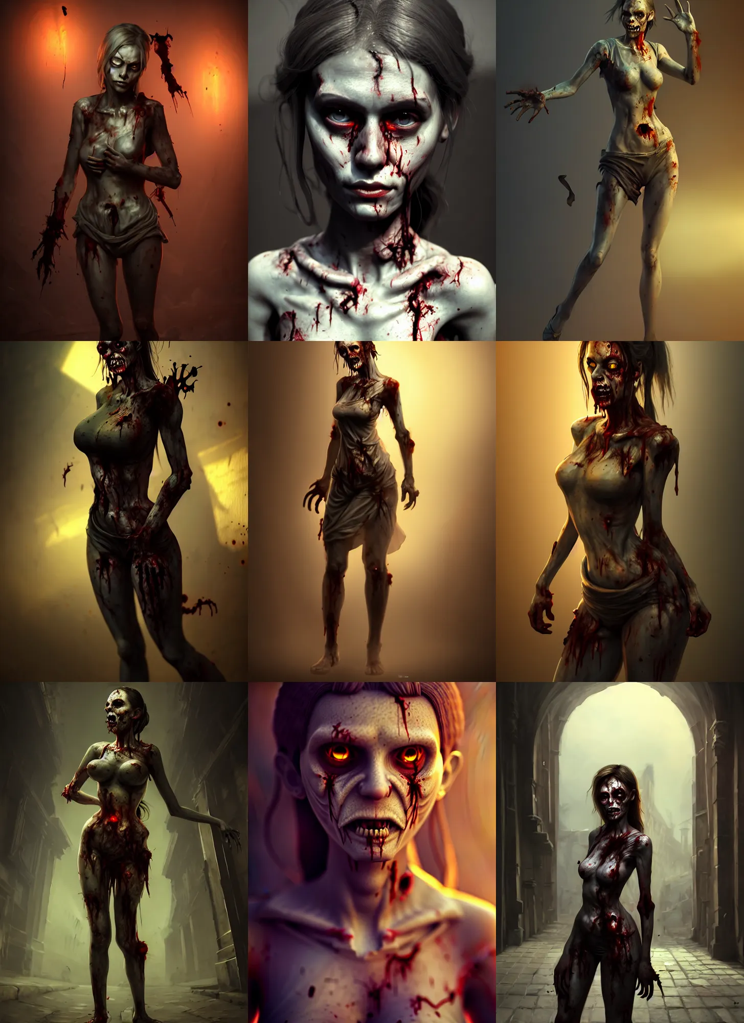 Prompt: sophisticated composition, old masters light composition, procedurally generated, epic zombie girl character posing for concept art, costume design from urban designers, ancient city streets behind her, substance designer, PBR, HD, Ultra detailed, hyperrealistic, megascans, volumetric light, concept by master artist, made in paint tool SAI2, trending pixiv face