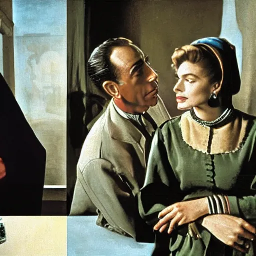 Image similar to Humphrey Bogart and Ingrid Bergman in Casablanca, painting by Vermeer