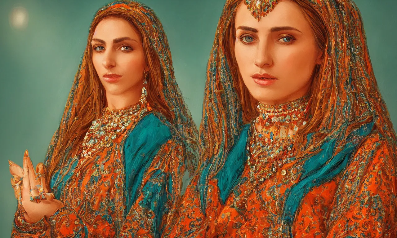 Prompt: stunning awe-inspiring portrait of a lady in traditional Armenian attire, wearing highly detailed jewelries and ornaments, beautiful face, beautiful portrait lighting, teal and orange colored background with traditional lampstands and furnitures, artstation, smooth portrait