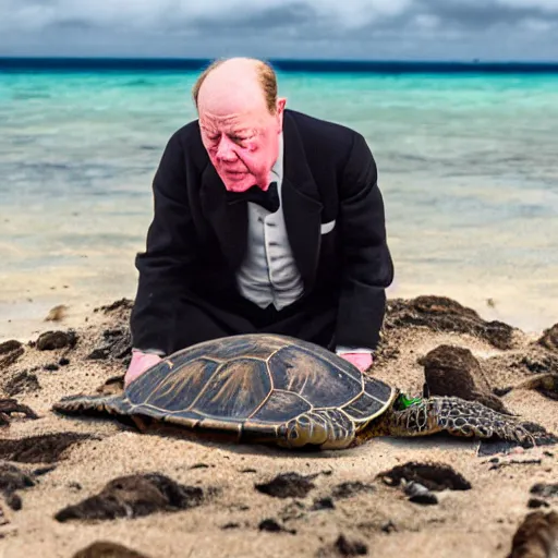 Image similar to An astonished Winston Churchill discovers the first turtle ever in Galapagos, XF IQ4, f/1.4, ISO 200, 1/160s, 8K, RAW, unedited