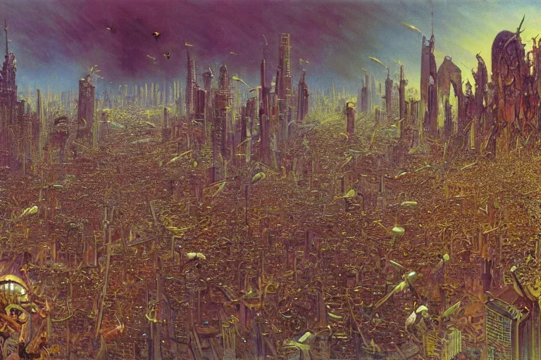 Image similar to oil painting, super - detailed scene of a swarm of insects overtaking a futuristic city, entomology, japanese sci - fi books art, artwork by jean giraud and zdzislaw beksinski and alphonse mucha and hr giger, hd, 4 k, high quality