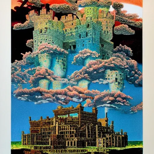 Prompt: by ralph steadman defined, improvisational babylonian, tetris. a beautiful print of a castle in the clouds.