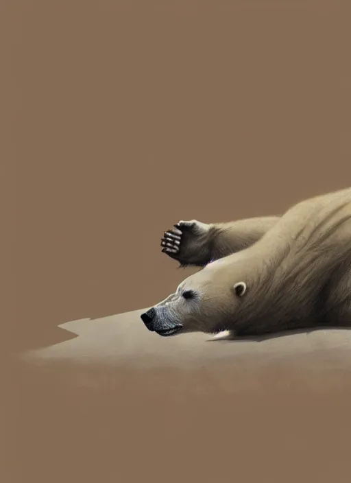 Image similar to dying polar bear on a desert, by greg rutkowski, trending on artstation, masterpiece, charcoal pencil, minimalist art