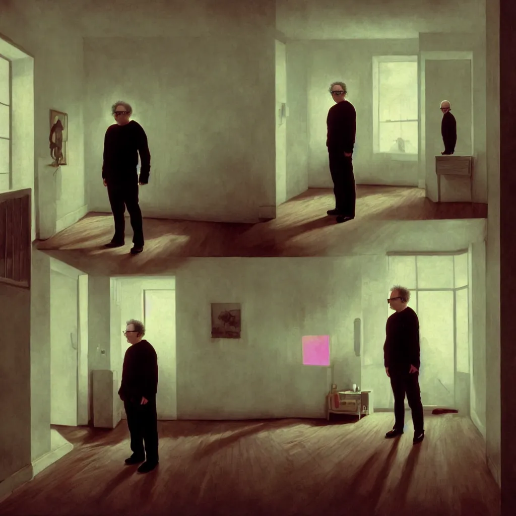 Image similar to weird and disturbing portrait of todd solondz standing alone in an empty appartment, vivid colors, neon, art by gregory crewdson and francis bacon and artgerm and wlop and william - adolphe bouguereau