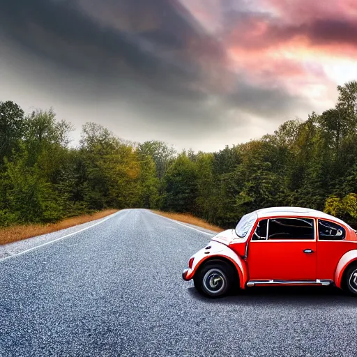 Prompt: promotional scifi - blockbuster movie scene of a ladybug ( volkswagen beatle ) hybrid, flying down a dusty backroad in smokey mountains tennessee. cinematic, muted dramtic color, 4 k, imax, 7 0 mm, hdr