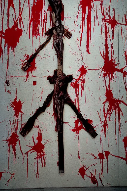 Image similar to bloody christ crucified and some mushrooms on the floor painted in by cy twombly and andy warhol