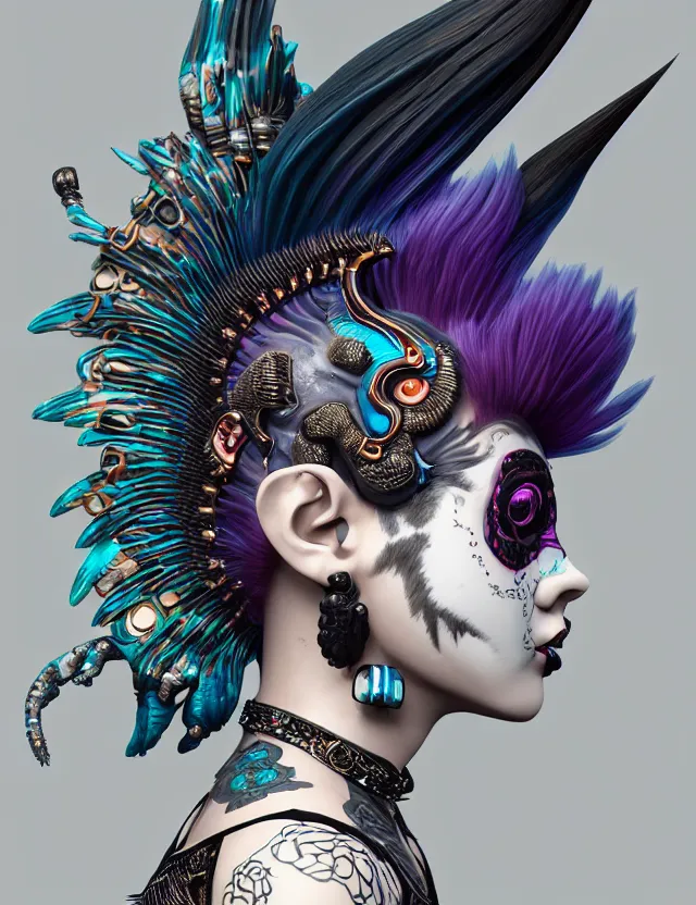 Image similar to 3 d goddess close - up profile portrait punk with mohawk with ram skull. beautiful intricately detailed japanese crow kitsune mask and clasical japanese kimono. betta fish, jellyfish phoenix, bio luminescent, plasma, ice, water, wind, creature, artwork by tooth wu and wlop and beeple and greg rutkowski